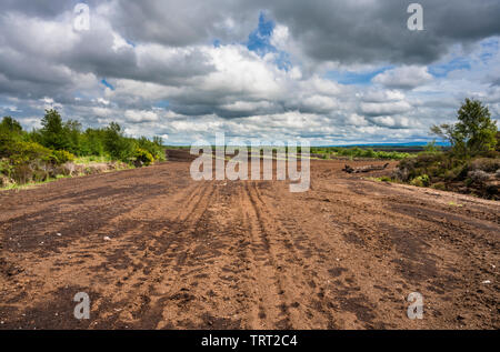 A wide track used for machine access to an industrial Bord na Mona cut away bog used for peat extraction near Ferbane, County Offaly, Ireland Stock Photo