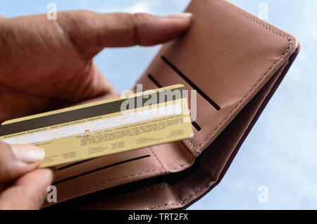 Closeup photo of young Businesswoman putting or taking out or paying with credit card in leather wallet on white background. Selective focus. Earning Stock Photo