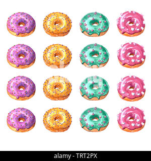 Watercolor illustration set of glazed donuts,isolated on a white ...