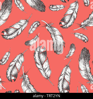white and black sketch illustration of bird feathers isolated on trend living coral color background. Seamless pattern Stock Photo