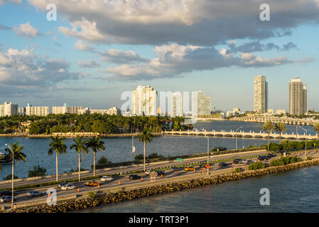 Miami, FL, United States - April 20, 2019:  View of MacArthur Causeway and Star Island at Biscayne Bay in Miami, Florida, United States of America. Stock Photo