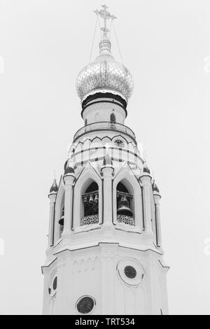 Black and white photo, bell tower of St. Sophia Cathedral, Vologda, Russia. It was built in 1869-1870