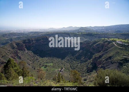 The volcanic crater 1000 m in diameter and 200m deep - Caldera de Bandama, Gran Canaria, Spain Stock Photo