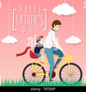 vector of happy father's day greeting card. father biking bicycle with his son ride on a pillion, riding in the grass field with white cloud on pink b Stock Vector