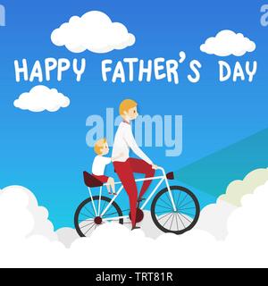 vector of happy father's day greeting card. father biking bicycle with his son ride on a pillion, riding over the white cloud on blue background. Stock Vector