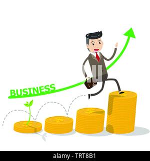 Financial growth success concept with happy businessman climbing on golden coins as step stair start from beginning till success. Business concept for Stock Vector