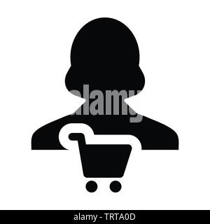 Buyer icon vector with female customer person profile avatar symbol for shopping in Glyph Pictogram illustration Stock Vector