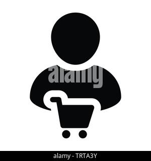 Basket icon vector with male customer person profile avatar symbol for shopping in Glyph Pictogram illustration Stock Vector