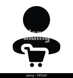 Trolley icon vector with male customer person profile avatar symbol for shopping in Glyph Pictogram illustration Stock Vector