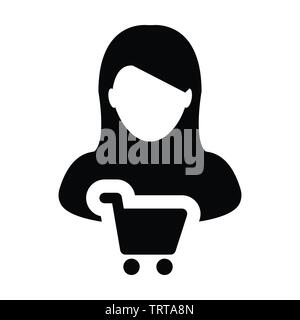 eCommerce icon vector with female customer person profile avatar symbol for shopping in Glyph Pictogram illustration Stock Vector