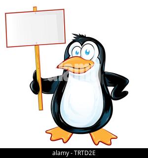 pinguin character cartoon with signboard.illustration Stock Vector