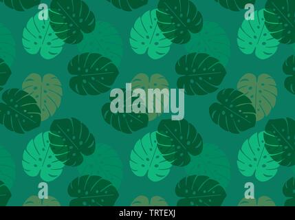 Monstera tropical leaf vector pattern in green color palette on a green background Stock Vector