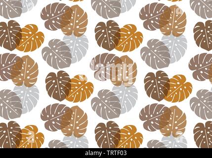 Monstera tropical leaf vector pattern in brown, orange, grey color palette Stock Vector