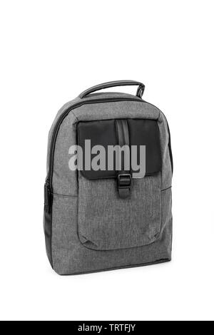 closeup of an elegant gray and black backpack in a white background Stock Photo