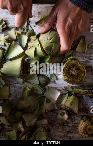 closeup of a caucasian man cutting with a kitchen knife some raw fresh artichokes, on a white rustic wooden table Stock Photo
