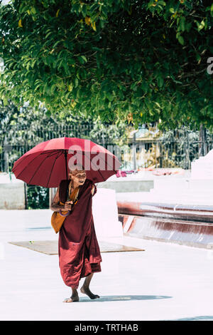 Yangon, Myanmar - March 2019: portrait of old Buddhist monk with red umbrella walks in Shwedagon pagoda. Vertical orientation Stock Photo