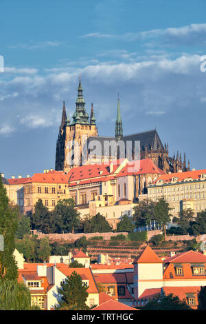 St. Vitus cathedral towers and roofs of Old Prague under dramatic sky Stock Photo