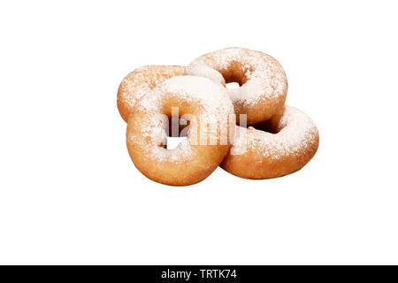 Juicy fresh donuts covered with powdered sugar on a white background isolated without a plate. Stock Photo