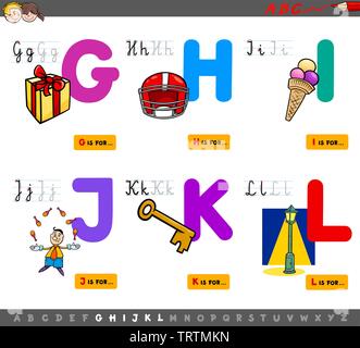 Cartoon Illustration of Capital Letters Alphabet Educational Set for Reading and Writing Learning for Kids from G to L Stock Vector