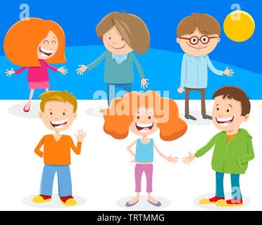 Cartoon Illustration of Funny Elementary Age Kids or Teen Characters Group Stock Vector