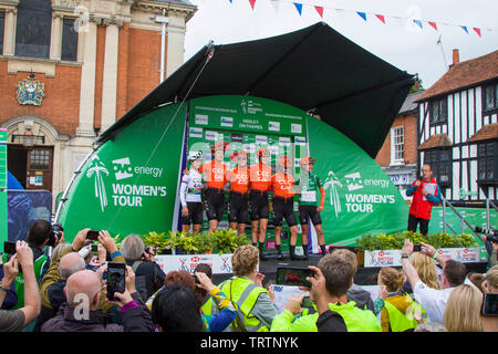 Henley-on-Thames, UK, 12 June 2019.  The Dutch CCC Liv cycle team with Marianne Vos in the Green Jersey at right before the start of the 3rd stage of the OVO Women's Tour from Henley-on-Thames to Blenheim Palace. Credit: Harry Harrison/Alamy Live News Stock Photo