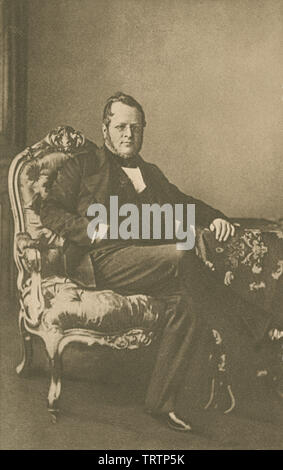 Antique 1911 etching, Camillo Benso di Cavour from a 1856 photograph. Camillo Paolo Filippo Giulio Benso, Count of Cavour, Isolabella and Leri (1810-1861), generally known as Cavour, was an Italian statesman and a leading figure in the movement toward Italian unification. Stock Photo