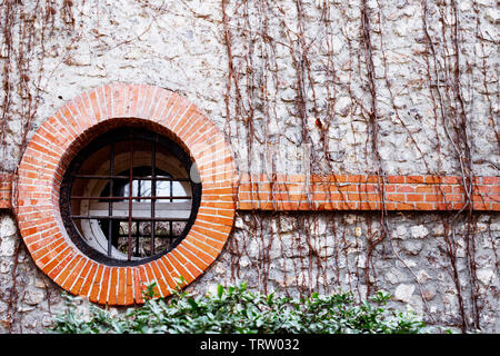 round window with bricks frame on stone facade covered by green leaves Stock Photo