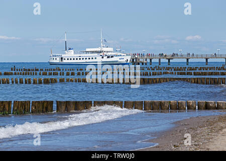passenger ship at the pier, Kuehlungsborn, Mecklenburg-West Pomerania, Germany Stock Photo