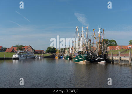 Krabbenkutter boats iat moorings. Greetsiel. East Frisia. Germany Stock Photo