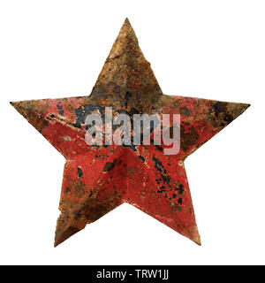 Isolated objects: very old rusty red five-pointed star, on white background Stock Photo