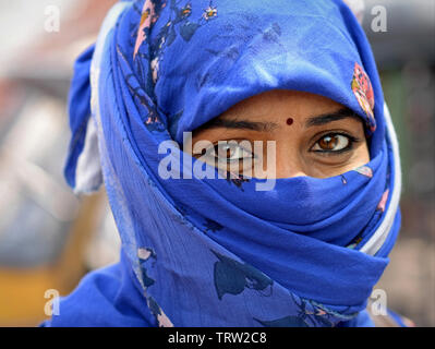 Young Indian Hindu woman with beautiful eyes covers her hair and lower face with a blue dust veil. Stock Photo