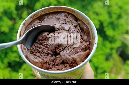 Spoon Scooping into Melting Chocolate Ice Cream in the Sunshine Green Garden Stock Photo