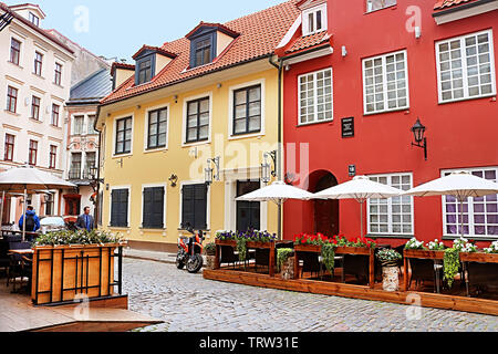 RIGA, LATVIA - AUGUST 28, 2018: View of old buildings on Jauniela Street in Old town Stock Photo
