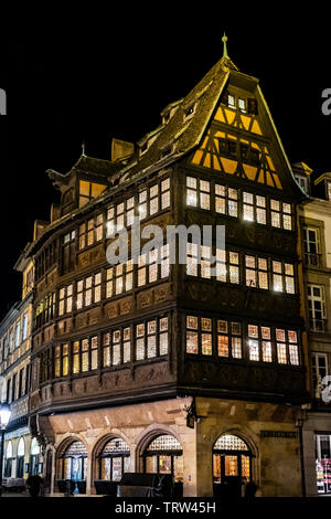 Maison Kammerzell medieval house 16th Century at night, Strasbourg, Alsace, France, Europe, Stock Photo