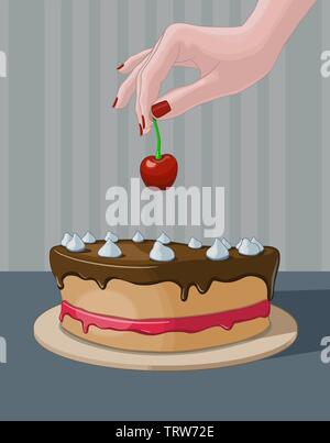 Woman's hand decorating a cake with a cherry. Vector illustration. Stock Vector