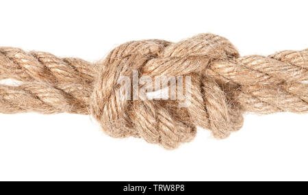 surgeon's knot joining two ropes close up isolated on white background Stock Photo