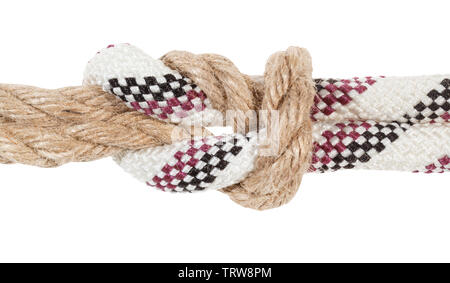 surgeon's knot joining different ropes close up isolated on white background Stock Photo