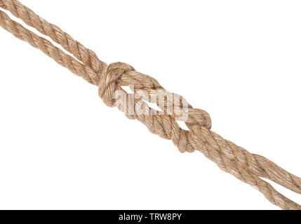 academic knot, variation of surgeon's knot, double reef knot joining two ropes isolated on white background Stock Photo