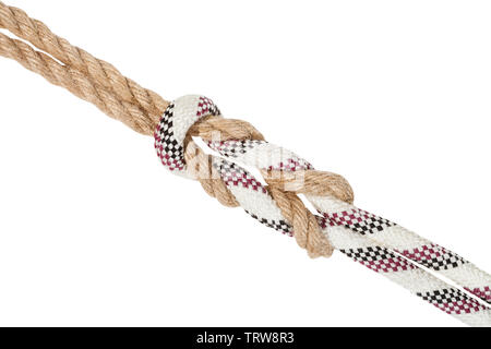 academic surgeon's knot, double reef knot joining two ropes isolated on white background Stock Photo