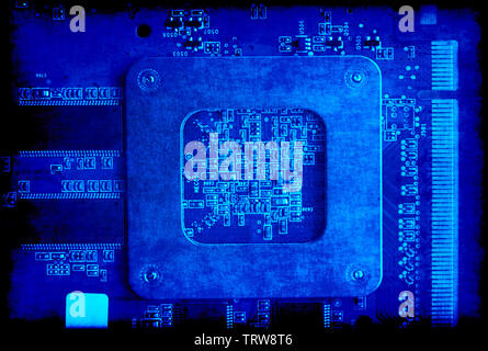 Vintage blue background with electronic circuit board Stock Photo