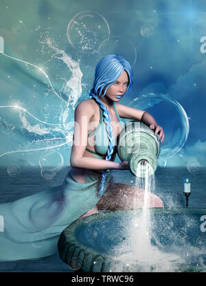 Zodiac series – Aquarius as a beautiful girl with angel wings Stock Photo