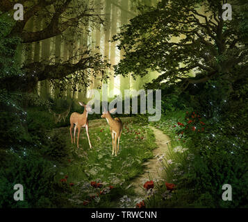 Two tender fawns in the green forest Stock Photo