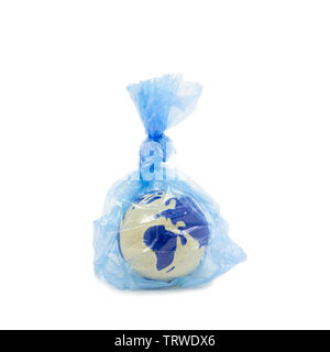 Earth globe inside a plastic bag, pollution and warming concept Stock Photo