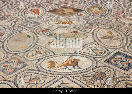 Colorful mosaic floor in the house of Orpheus, part of the ancient roman city Volubilis, Morocco. The mosaic depicts the Labours of Hercules. Stock Photo