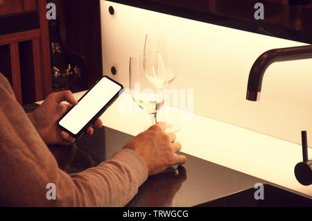 Sommelier, cavist. Wine glass in hand, smartphone in second hand. Wine school. Wine tasting. Tinted Stock Photo