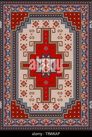 Luxury vintage oriental carpet with red, blue, beige and brown shades on black background Stock Vector