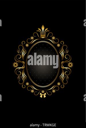 Gold oval vintage calligraphic frame with flowers and crown around double oval frame on black background Stock Vector