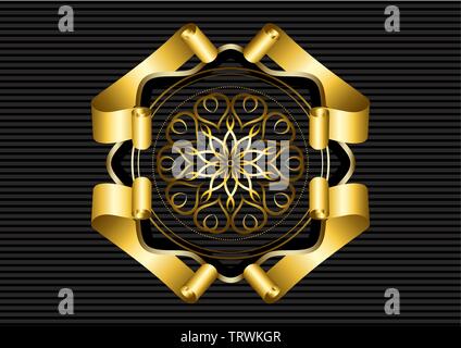 Golden calligraphic ornament with beads and a double round border framed by original swirling ribbons on black striped background Stock Vector