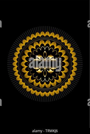Golden vintage ribbed round frame with round beads and calligraphic pattern above thin golden stripes in the center on a black background Stock Vector