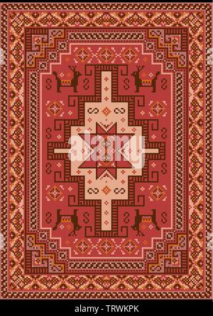 Luxury vintage oriental carpet with red, mauve,brown, beige and orange shades on black background Stock Vector
